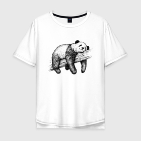 Мужская футболка хлопок Oversize с принтом Панда отдыхает на дереве в Санкт-Петербурге, 100% хлопок | свободный крой, круглый ворот, “спинка” длиннее передней части | Тематика изображения на принте: 