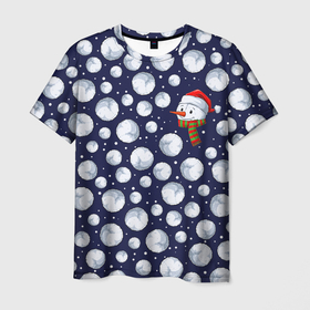 Мужская футболка 3D с принтом Снежки и снеговик в Тюмени, 100% полиэфир | прямой крой, круглый вырез горловины, длина до линии бедер | 