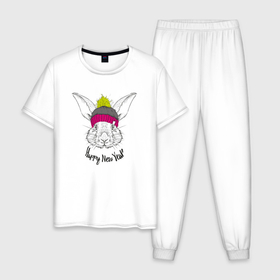 Мужская пижама хлопок с принтом Кролик Happy New Year , 100% хлопок | брюки и футболка прямого кроя, без карманов, на брюках мягкая резинка на поясе и по низу штанин
 | Тематика изображения на принте: 
