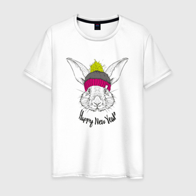 Мужская футболка хлопок с принтом Кролик Happy New Year , 100% хлопок | прямой крой, круглый вырез горловины, длина до линии бедер, слегка спущенное плечо. | Тематика изображения на принте: 