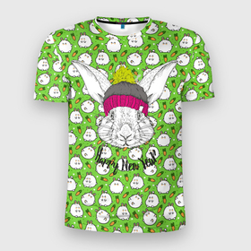 Мужская футболка 3D Slim с принтом Кролик happy new year , 100% полиэстер с улучшенными характеристиками | приталенный силуэт, круглая горловина, широкие плечи, сужается к линии бедра | Тематика изображения на принте: 