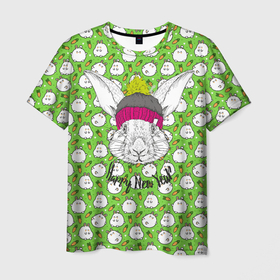 Мужская футболка 3D с принтом Кролик happy new year , 100% полиэфир | прямой крой, круглый вырез горловины, длина до линии бедер | Тематика изображения на принте: 