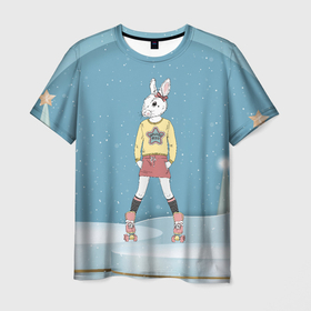 Мужская футболка 3D с принтом Зайчиха на роликах   новый год , 100% полиэфир | прямой крой, круглый вырез горловины, длина до линии бедер | Тематика изображения на принте: 