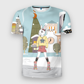Мужская футболка 3D Slim с принтом Зайчиха на роликах на фоне елочки в Санкт-Петербурге, 100% полиэстер с улучшенными характеристиками | приталенный силуэт, круглая горловина, широкие плечи, сужается к линии бедра | Тематика изображения на принте: 