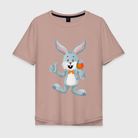 Мужская футболка хлопок Oversize с принтом Кролик с бокалом в Кировске, 100% хлопок | свободный крой, круглый ворот, “спинка” длиннее передней части | 