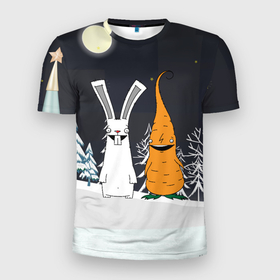 Мужская футболка 3D Slim с принтом Заяц и морковка в Петрозаводске, 100% полиэстер с улучшенными характеристиками | приталенный силуэт, круглая горловина, широкие плечи, сужается к линии бедра | 