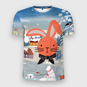 Мужская футболка 3D Slim с принтом Мордочка кролика   новый год в Екатеринбурге, 100% полиэстер с улучшенными характеристиками | приталенный силуэт, круглая горловина, широкие плечи, сужается к линии бедра | 