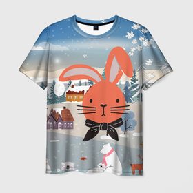 Мужская футболка 3D с принтом Мордочка кролика   новый год , 100% полиэфир | прямой крой, круглый вырез горловины, длина до линии бедер | 