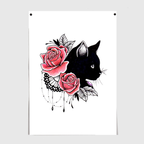 Постер с принтом Черный кот в окружении роз , 100% бумага
 | бумага, плотность 150 мг. Матовая, но за счет высокого коэффициента гладкости имеет небольшой блеск и дает на свету блики, но в отличии от глянцевой бумаги не покрыта лаком | 