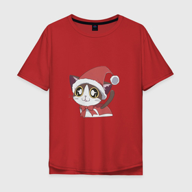 Мужская футболка хлопок Oversize с принтом Санта кошка в Екатеринбурге, 100% хлопок | свободный крой, круглый ворот, “спинка” длиннее передней части | 