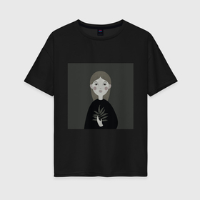 Женская футболка хлопок Oversize с принтом Мультяшная девочка с растением в руке в Санкт-Петербурге, 100% хлопок | свободный крой, круглый ворот, спущенный рукав, длина до линии бедер
 | 