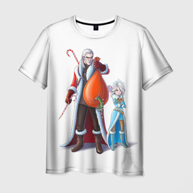 Мужская футболка 3D с принтом Новогодние Геральт и Цири в Санкт-Петербурге, 100% полиэфир | прямой крой, круглый вырез горловины, длина до линии бедер | 