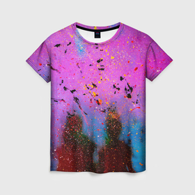 Женская футболка 3D с принтом Абстрактные тени, фиолетовый туман и краски в Петрозаводске, 100% полиэфир ( синтетическое хлопкоподобное полотно) | прямой крой, круглый вырез горловины, длина до линии бедер | Тематика изображения на принте: 