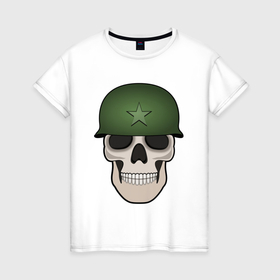 Женская футболка хлопок с принтом Череп в шлеме военного в Кировске, 100% хлопок | прямой крой, круглый вырез горловины, длина до линии бедер, слегка спущенное плечо | 