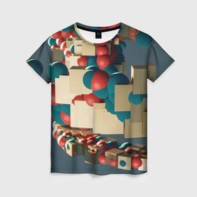Женская футболка 3D с принтом Абстрактное совмещение кубиков и шаров в Петрозаводске, 100% полиэфир ( синтетическое хлопкоподобное полотно) | прямой крой, круглый вырез горловины, длина до линии бедер | 