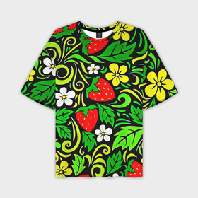Мужская футболка oversize 3D с принтом Роспись   земляника и цветы ,  |  | Тематика изображения на принте: 