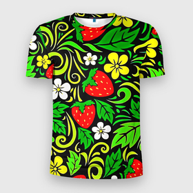 Мужская футболка 3D Slim с принтом Роспись   земляника и цветы в Екатеринбурге, 100% полиэстер с улучшенными характеристиками | приталенный силуэт, круглая горловина, широкие плечи, сужается к линии бедра | 
