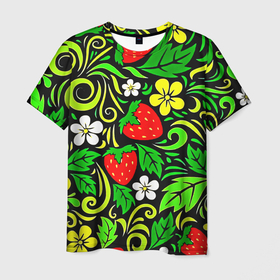 Мужская футболка 3D с принтом Роспись   земляника и цветы в Петрозаводске, 100% полиэфир | прямой крой, круглый вырез горловины, длина до линии бедер | 