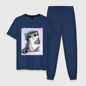 Мужская пижама хлопок с принтом Новогодний котёнок в Петрозаводске, 100% хлопок | брюки и футболка прямого кроя, без карманов, на брюках мягкая резинка на поясе и по низу штанин
 | Тематика изображения на принте: 