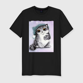 Мужская футболка хлопок Slim с принтом Новогодний котёнок в Петрозаводске, 92% хлопок, 8% лайкра | приталенный силуэт, круглый вырез ворота, длина до линии бедра, короткий рукав | Тематика изображения на принте: 