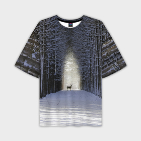 Мужская футболка OVERSIZE 3D с принтом Олень в зимнем лесу в Кировске,  |  | Тематика изображения на принте: 