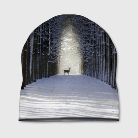 Шапка 3D с принтом Олень в зимнем лесу в Петрозаводске, 100% полиэстер | универсальный размер, печать по всей поверхности изделия | 