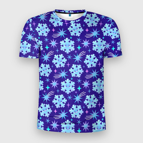 Мужская футболка 3D Slim с принтом Снежинки со звездами в синем небе в Екатеринбурге, 100% полиэстер с улучшенными характеристиками | приталенный силуэт, круглая горловина, широкие плечи, сужается к линии бедра | Тематика изображения на принте: 