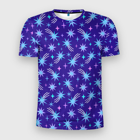 Мужская футболка 3D Slim с принтом Цветные звезды  в  зимнем синем небе в Белгороде, 100% полиэстер с улучшенными характеристиками | приталенный силуэт, круглая горловина, широкие плечи, сужается к линии бедра | 