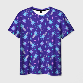 Мужская футболка 3D с принтом Цветные звезды  в  зимнем синем небе в Кировске, 100% полиэфир | прямой крой, круглый вырез горловины, длина до линии бедер | Тематика изображения на принте: 