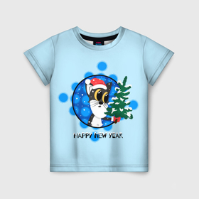 Детская футболка 3D с принтом Черный кот держит новогоднюю ёлку в Кировске, 100% гипоаллергенный полиэфир | прямой крой, круглый вырез горловины, длина до линии бедер, чуть спущенное плечо, ткань немного тянется | 
