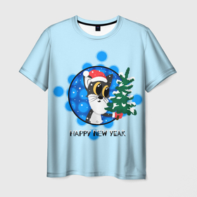 Мужская футболка 3D с принтом Черный кот держит новогоднюю ёлку , 100% полиэфир | прямой крой, круглый вырез горловины, длина до линии бедер | 