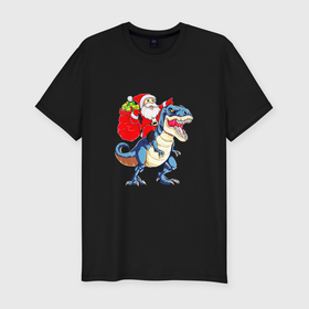 Мужская футболка хлопок Slim с принтом Father Christmas on a dinosaur в Тюмени, 92% хлопок, 8% лайкра | приталенный силуэт, круглый вырез ворота, длина до линии бедра, короткий рукав | Тематика изображения на принте: 
