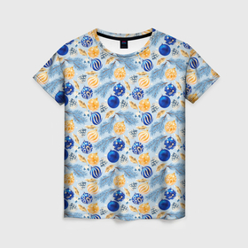 Женская футболка 3D с принтом Шарики новогодние ёлочные, синие в Курске, 100% полиэфир ( синтетическое хлопкоподобное полотно) | прямой крой, круглый вырез горловины, длина до линии бедер | 