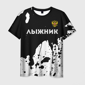 Мужская футболка 3D с принтом Лыжник из России и герб РФ: символ сверху в Петрозаводске, 100% полиэфир | прямой крой, круглый вырез горловины, длина до линии бедер | 