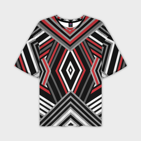 Мужская футболка OVERSIZE 3D с принтом Геометрический узор с серыми черными и красными полосами и фигурами в Новосибирске,  |  | 