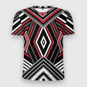 Мужская футболка 3D Slim с принтом Геометрический узор с серыми черными и красными полосами и фигурами в Кировске, 100% полиэстер с улучшенными характеристиками | приталенный силуэт, круглая горловина, широкие плечи, сужается к линии бедра | 