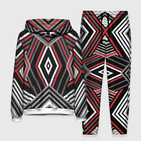 Мужской костюм 3D (с толстовкой) с принтом Геометрический узор с серыми черными и красными полосами и фигурами в Кировске,  |  | 