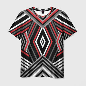 Мужская футболка 3D с принтом Геометрический узор с серыми черными и красными полосами и фигурами в Курске, 100% полиэфир | прямой крой, круглый вырез горловины, длина до линии бедер | 