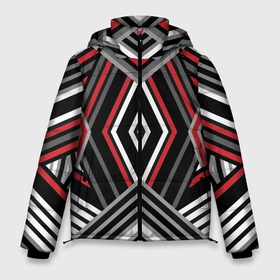 Мужская зимняя куртка 3D с принтом Геометрический узор с серыми черными и красными полосами и фигурами в Новосибирске, верх — 100% полиэстер; подкладка — 100% полиэстер; утеплитель — 100% полиэстер | длина ниже бедра, свободный силуэт Оверсайз. Есть воротник-стойка, отстегивающийся капюшон и ветрозащитная планка. 

Боковые карманы с листочкой на кнопках и внутренний карман на молнии. | 