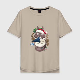 Мужская футболка хлопок Oversize с принтом Новогодний малыш Тоторо в Курске, 100% хлопок | свободный крой, круглый ворот, “спинка” длиннее передней части | 