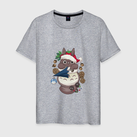 Мужская футболка хлопок с принтом Новогодний малыш Тоторо в Курске, 100% хлопок | прямой крой, круглый вырез горловины, длина до линии бедер, слегка спущенное плечо. | 