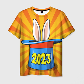 Мужская футболка 3D с принтом 2023   кролик в шляпе фокусника в Новосибирске, 100% полиэфир | прямой крой, круглый вырез горловины, длина до линии бедер | 