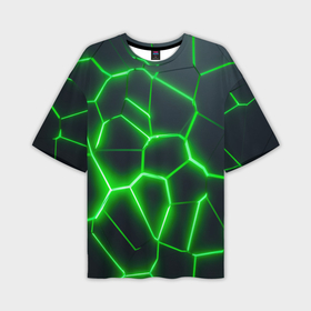 Мужская футболка OVERSIZE 3D с принтом Зелёные неоновые плиты в Екатеринбурге,  |  | Тематика изображения на принте: 