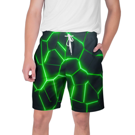 Мужские шорты 3D с принтом Зелёные неоновые плиты в Екатеринбурге,  полиэстер 100% | прямой крой, два кармана без застежек по бокам. Мягкая трикотажная резинка на поясе, внутри которой широкие завязки. Длина чуть выше колен | 