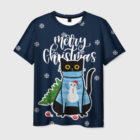 Мужская футболка 3D с принтом Котик: merry christmas в Санкт-Петербурге, 100% полиэфир | прямой крой, круглый вырез горловины, длина до линии бедер | 