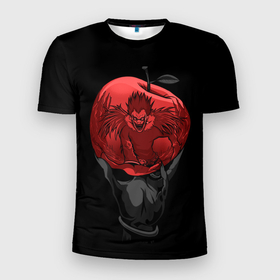 Мужская футболка 3D Slim с принтом Рюк и красное яблоко в Санкт-Петербурге, 100% полиэстер с улучшенными характеристиками | приталенный силуэт, круглая горловина, широкие плечи, сужается к линии бедра | Тематика изображения на принте: 