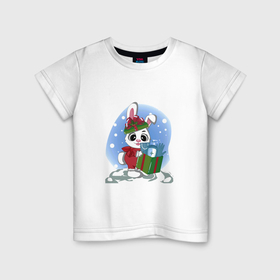 Детская футболка хлопок с принтом Rabbit with a New Years gift в Белгороде, 100% хлопок | круглый вырез горловины, полуприлегающий силуэт, длина до линии бедер | 