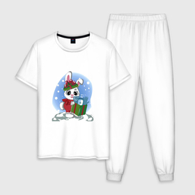 Мужская пижама хлопок с принтом Rabbit with a New Years gift в Курске, 100% хлопок | брюки и футболка прямого кроя, без карманов, на брюках мягкая резинка на поясе и по низу штанин
 | 