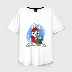 Мужская футболка хлопок Oversize с принтом Rabbit with a New Years gift в Белгороде, 100% хлопок | свободный крой, круглый ворот, “спинка” длиннее передней части | 