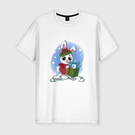 Мужская футболка хлопок Slim с принтом Rabbit with a New Years gift в Белгороде, 92% хлопок, 8% лайкра | приталенный силуэт, круглый вырез ворота, длина до линии бедра, короткий рукав | 